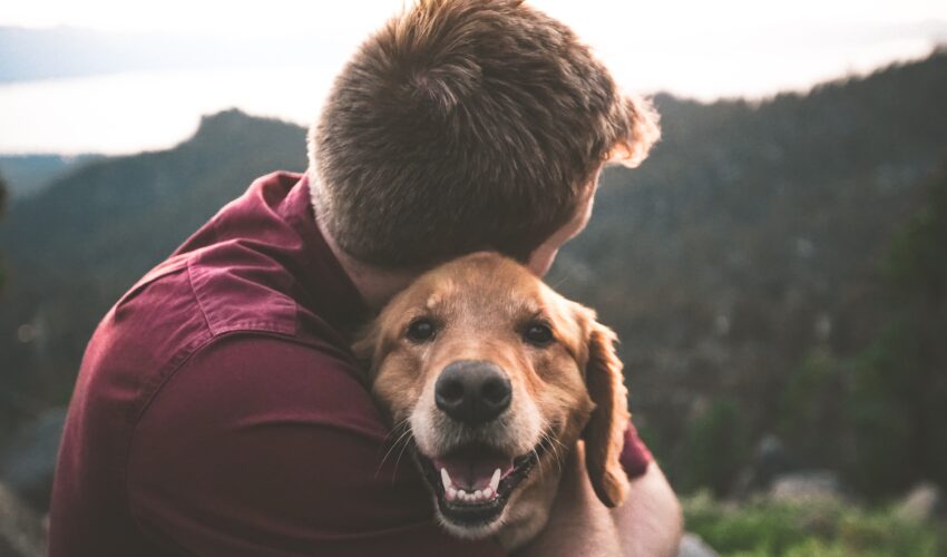 Ein Mann knuddelt seinen Hund - Tiere sind manchmal die besten Therapeuten